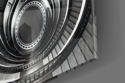 Monochrome Spiral Staircase From Above Glass Wall Art