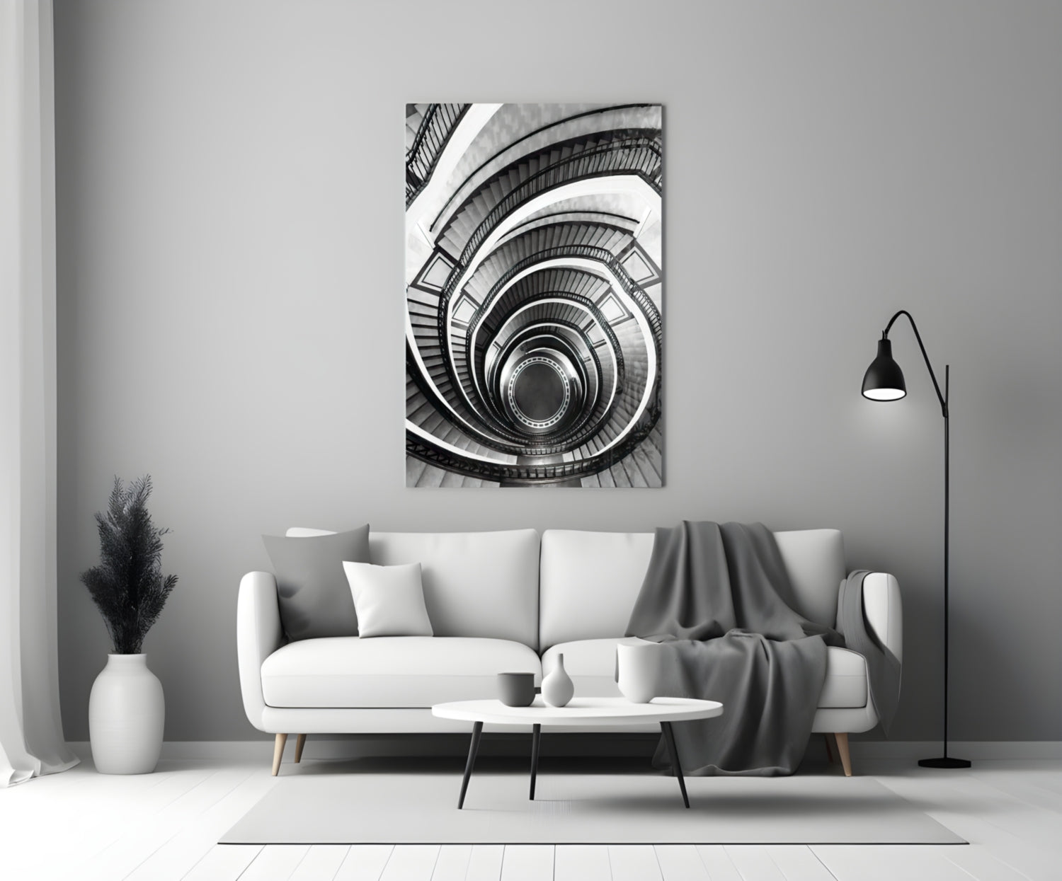 Monochrome Spiral Staircase From Above Glass Wall Art