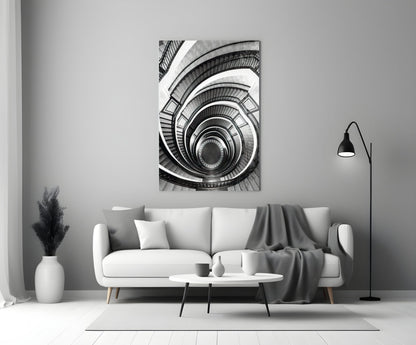 Monochrome Spiral Staircase From Above Glass Wall Art