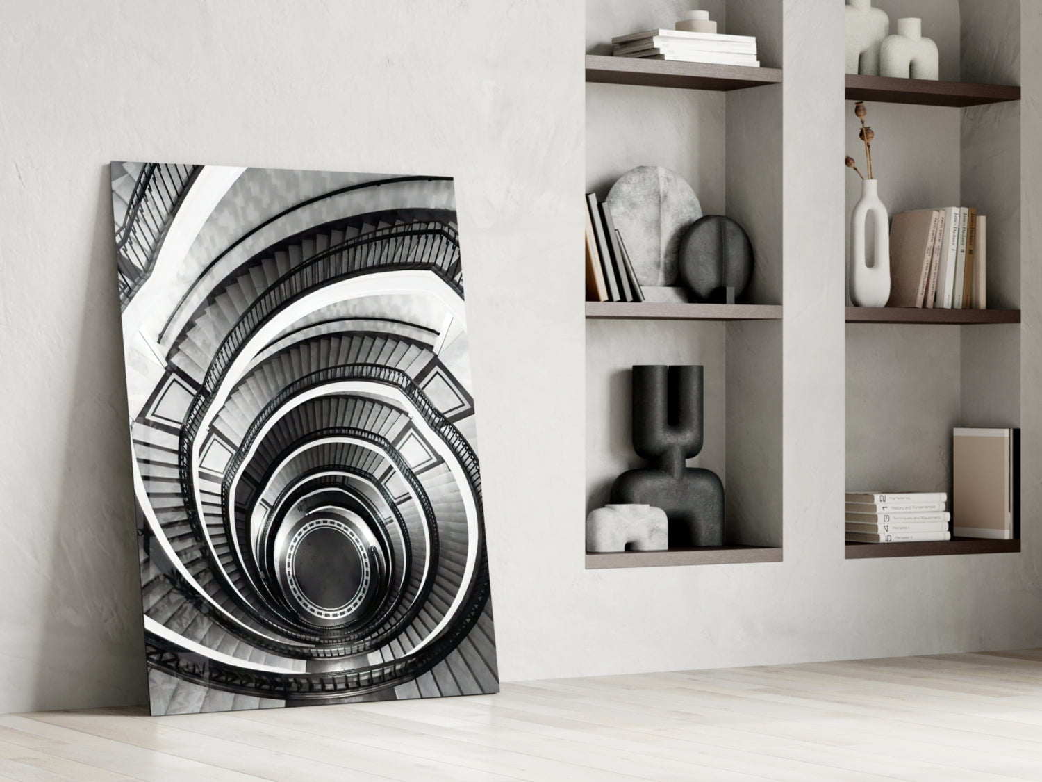 Monochrome Spiral Staircase From Above Glass Wall Art