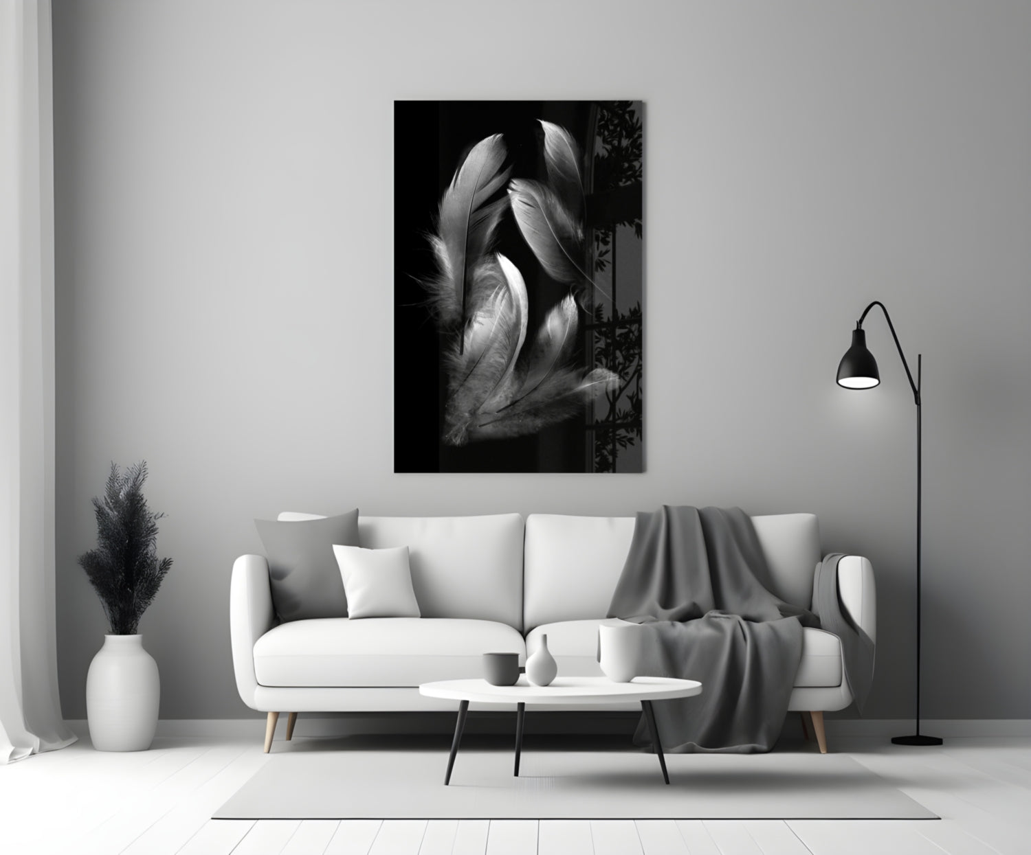 Silver Feather Cluster Black Glass Wall Art