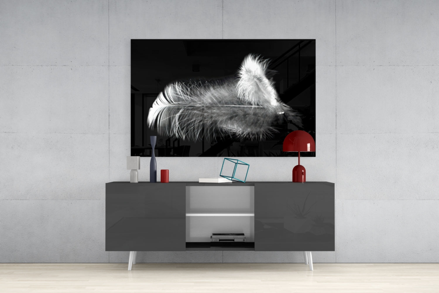 Soft White Feather Black Glass Wall Art