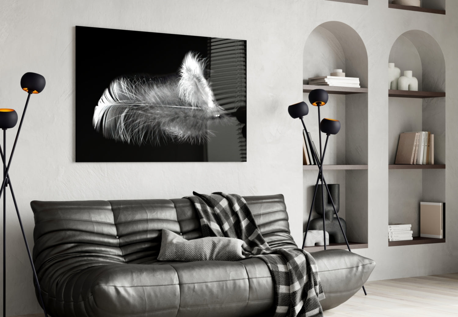 Soft White Feather Black Glass Wall Art