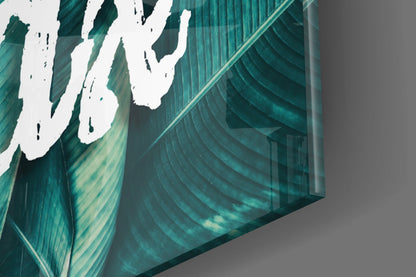 Relax Script on Teal Banana Leaves Glass Wall Art