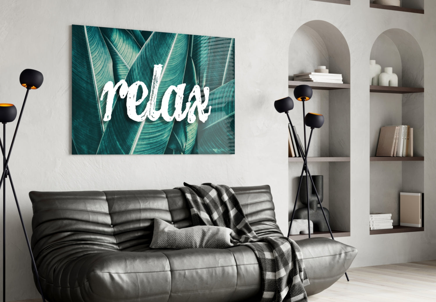 Relax Script on Teal Banana Leaves Glass Wall Art