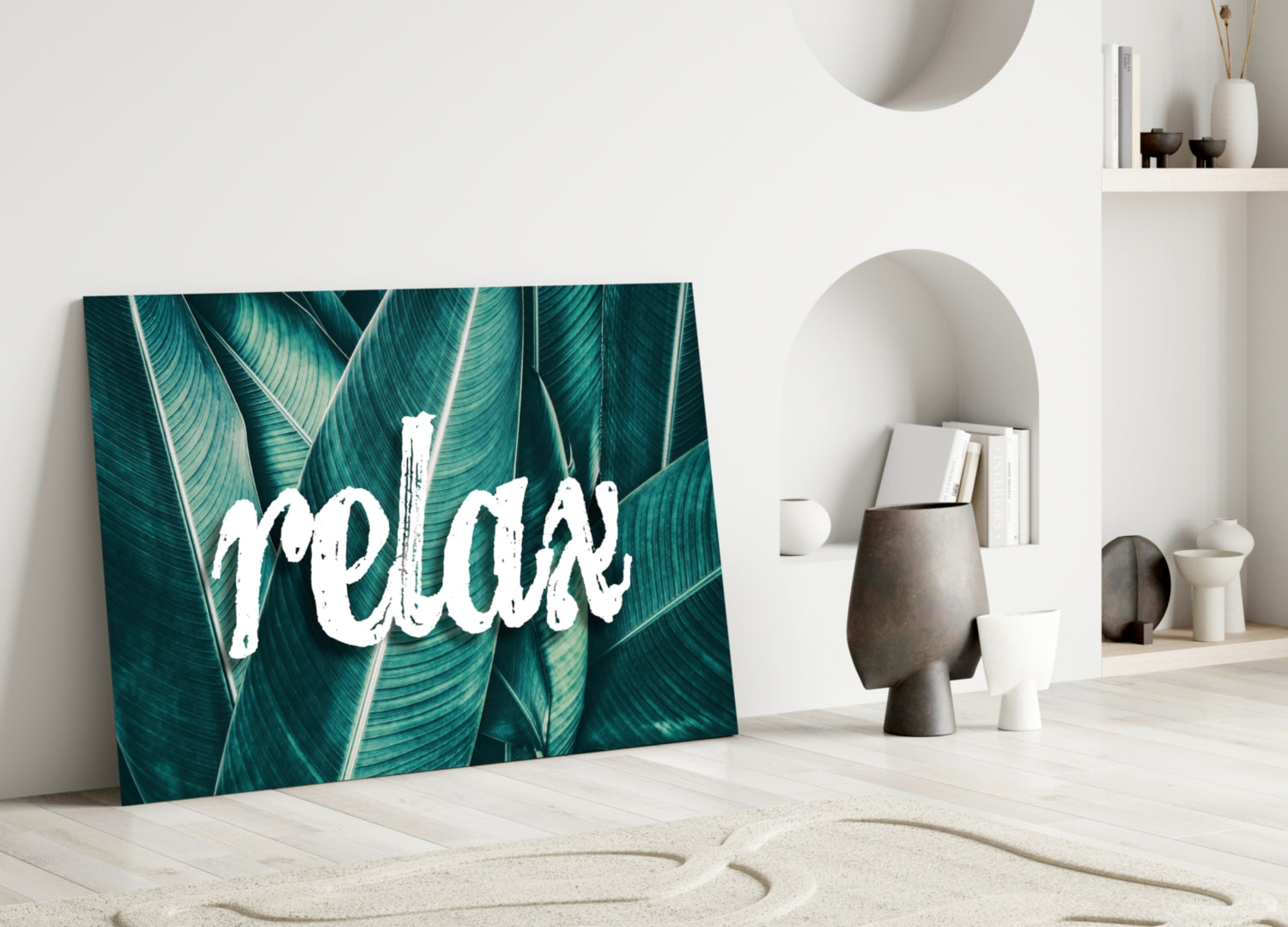 Relax Script on Teal Banana Leaves Glass Wall Art