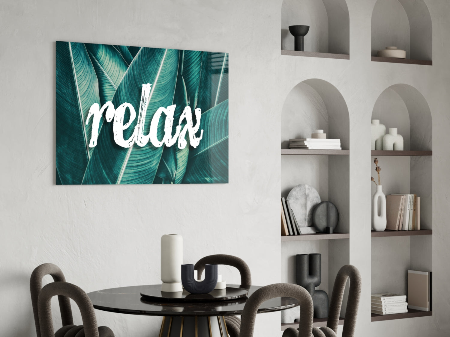 Relax Script on Teal Banana Leaves Glass Wall Art