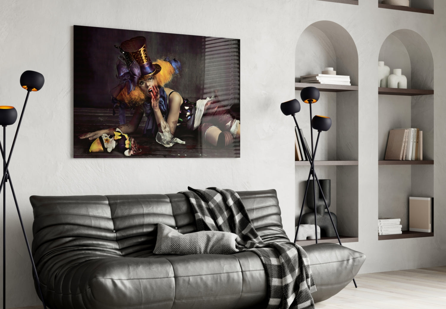 Reclining Circus Jester Woman Glass Wall Art