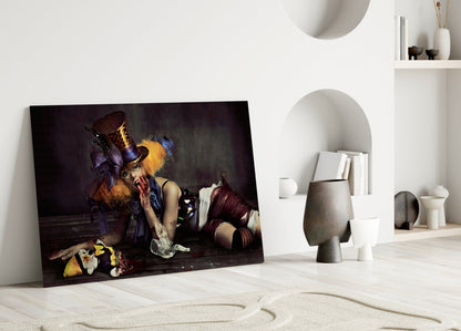 Reclining Circus Jester Woman Glass Wall Art