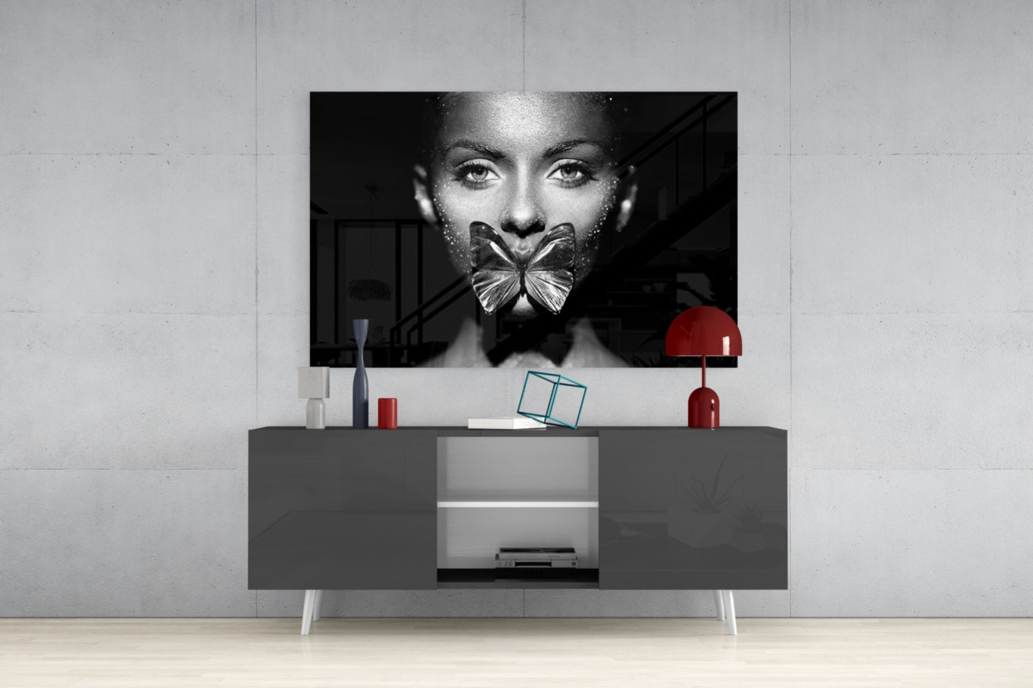 Silver Butterfly Over Lips Portrait Glass Wall Art