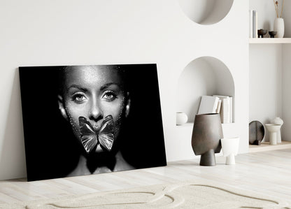 Silver Butterfly Over Lips Portrait Glass Wall Art