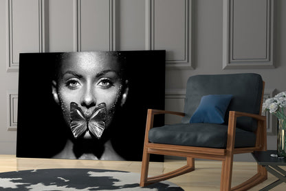 Silver Butterfly Over Lips Portrait Glass Wall Art