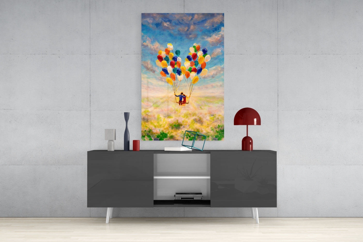 Balloon Swing Ride Over Meadow Glass Wall Art