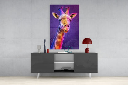 Purple Pink Painted Giraffe Glass Wall Art