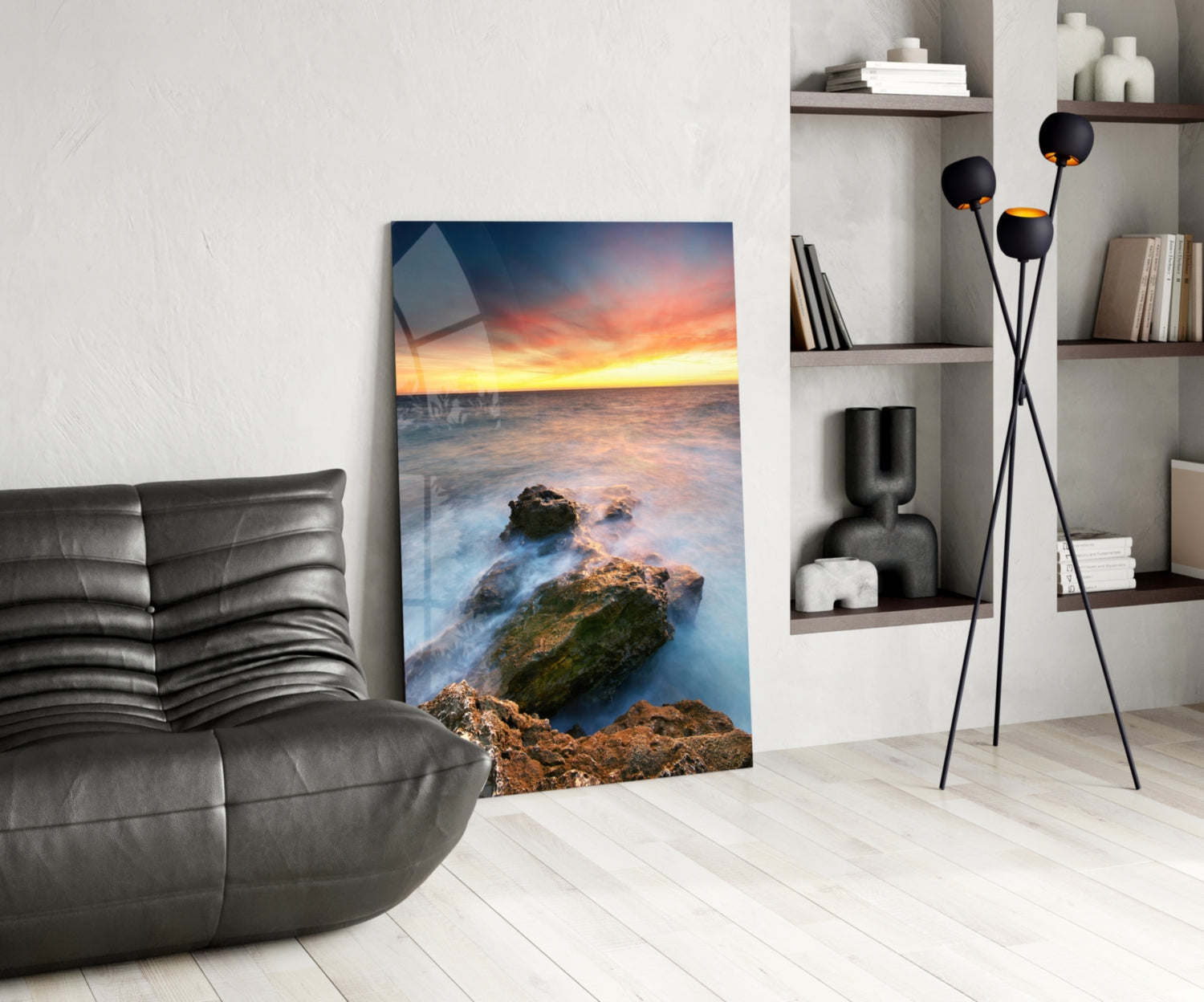 Coastal Rocks Misty Sunset Glass Wall Art