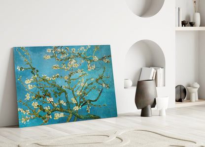 White Blossoms on Turquoise Sky Glass Wall Art