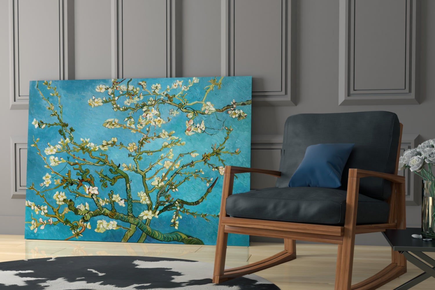 White Blossoms on Turquoise Sky Glass Wall Art