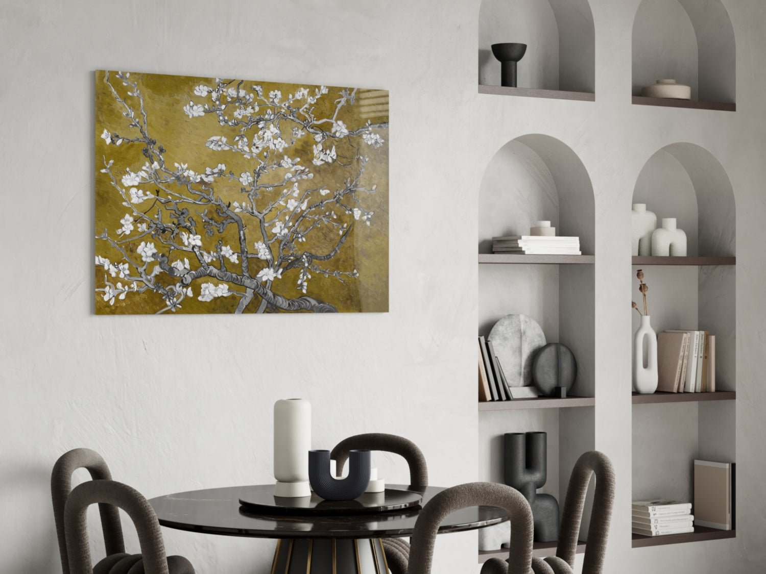 White Blossoms on Olive Gold Glass Wall Art