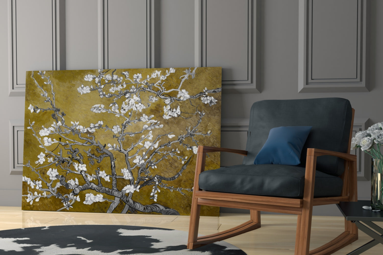 White Blossoms on Olive Gold Glass Wall Art