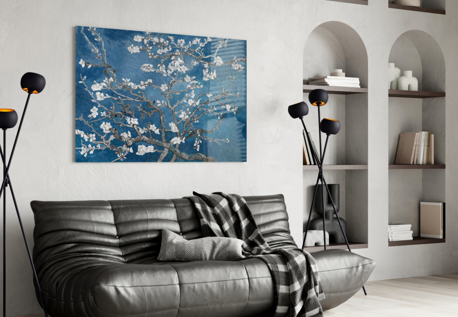 White Blossoms on Deep Blue Glass Wall Art