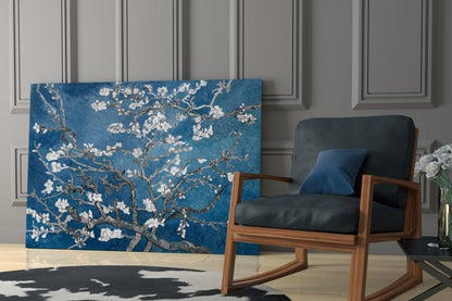 White Blossoms on Deep Blue Glass Wall Art