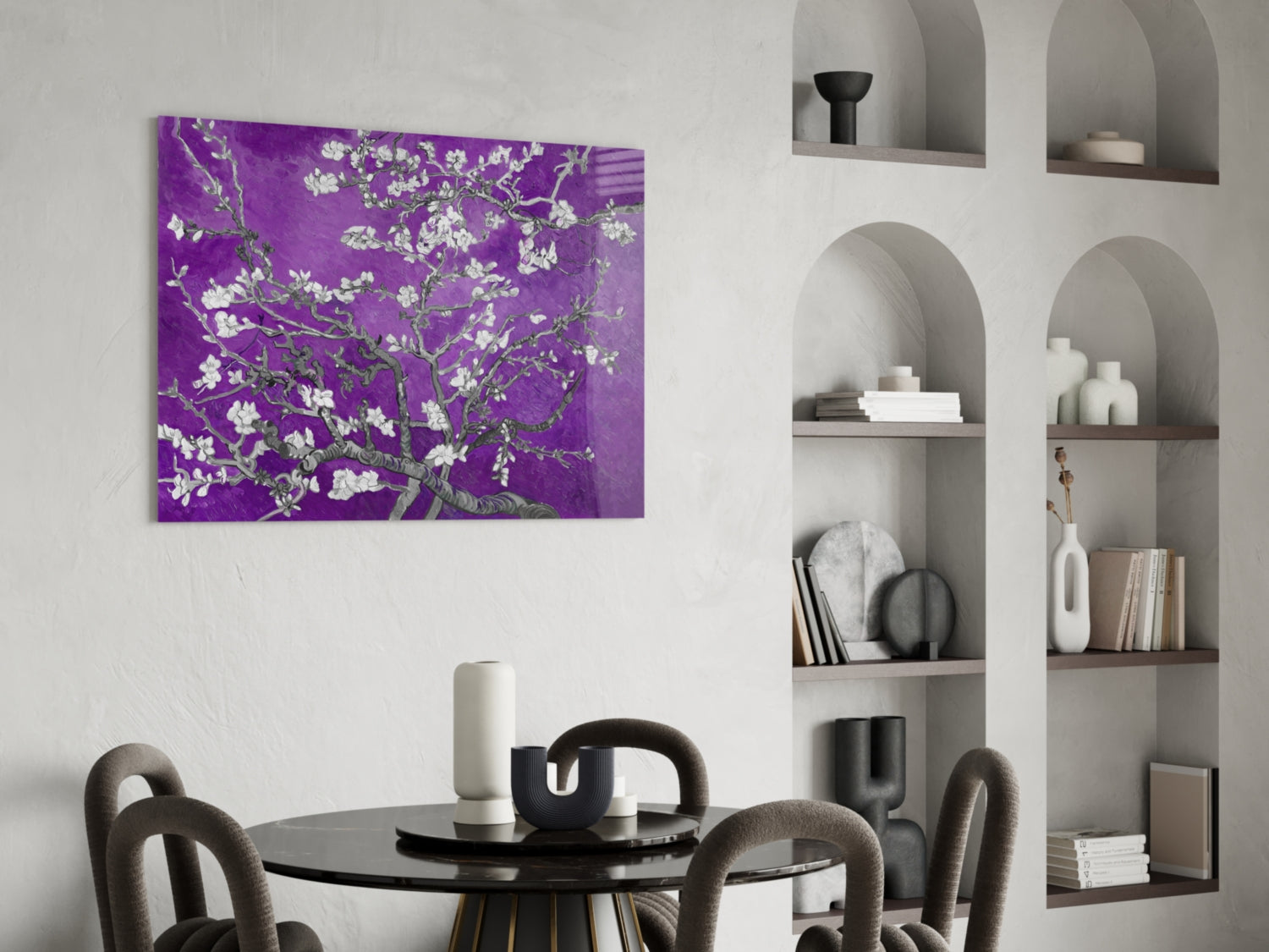 White Blossoms on Vivid Purple Glass Wall Art