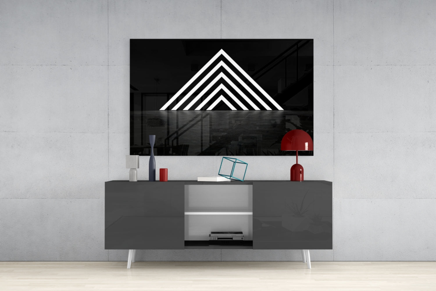 Glowing Chevron Pyramid on Black Glass Wall Art