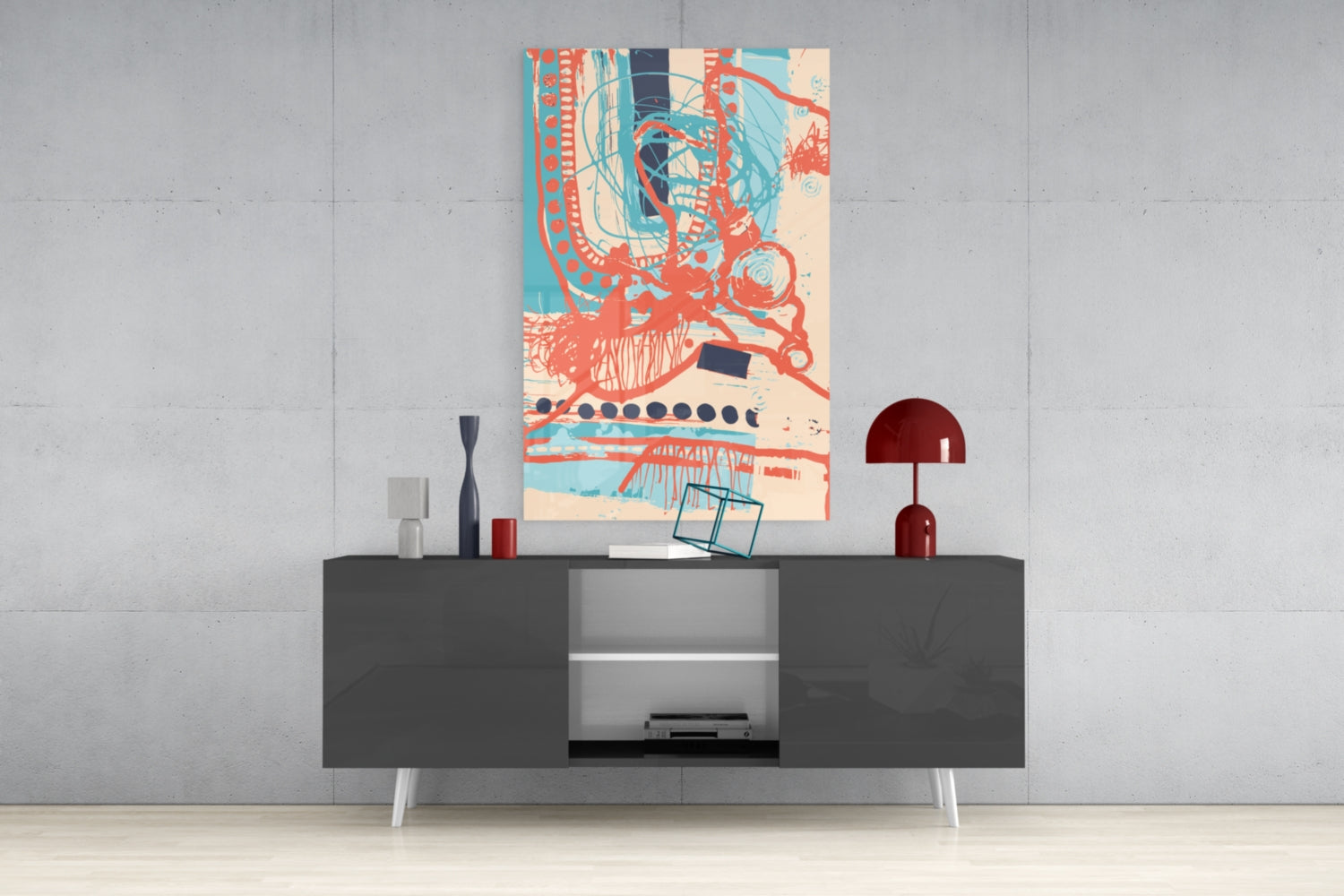Coral Doodle Lines Glass Wall Art