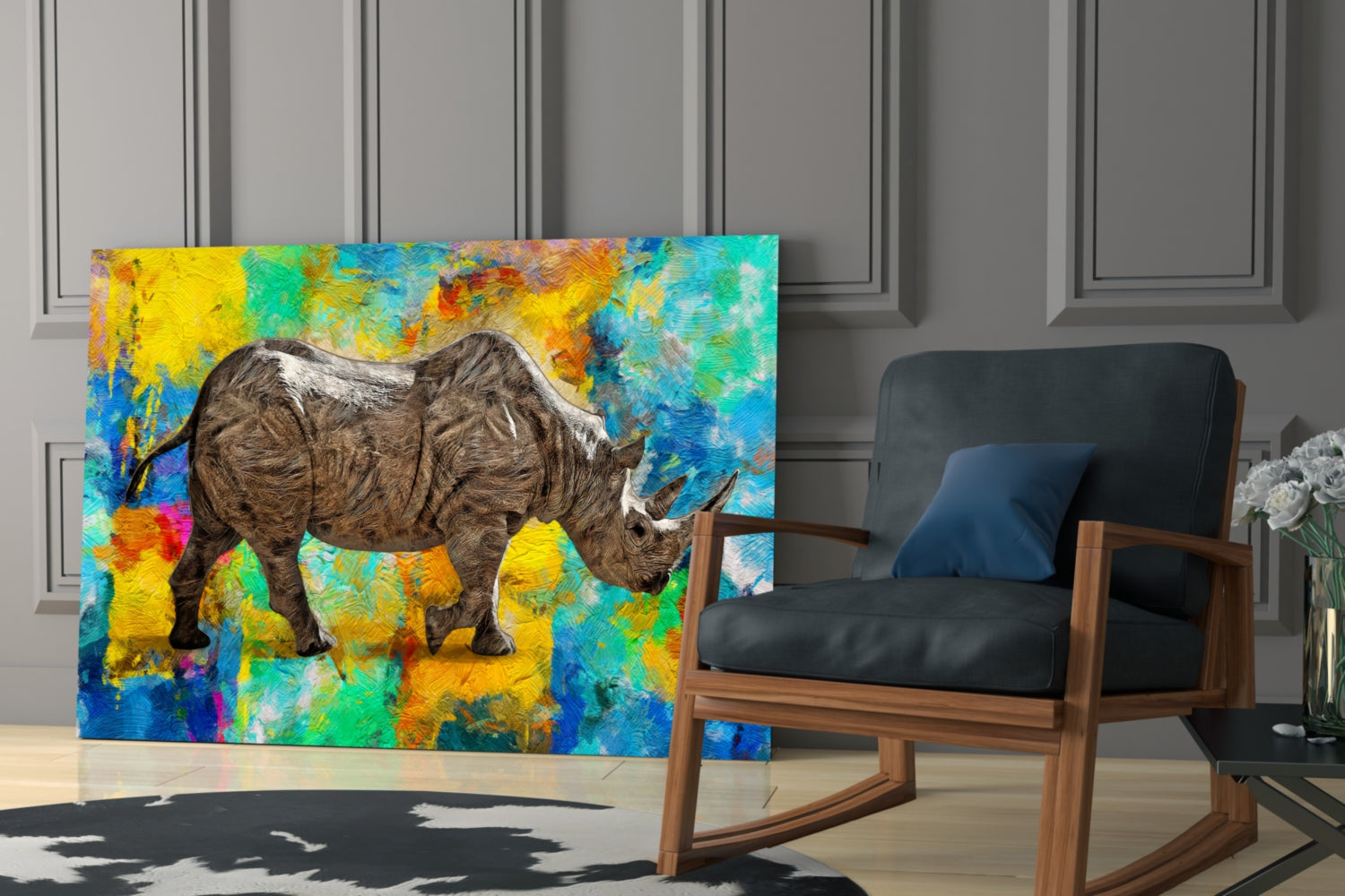 Colorful Abstract Rhino Glass Wall Art