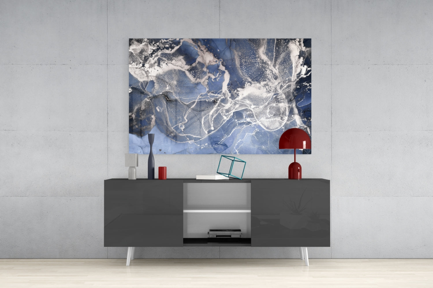 Blue Silver Ink Marble Glass Wall Art