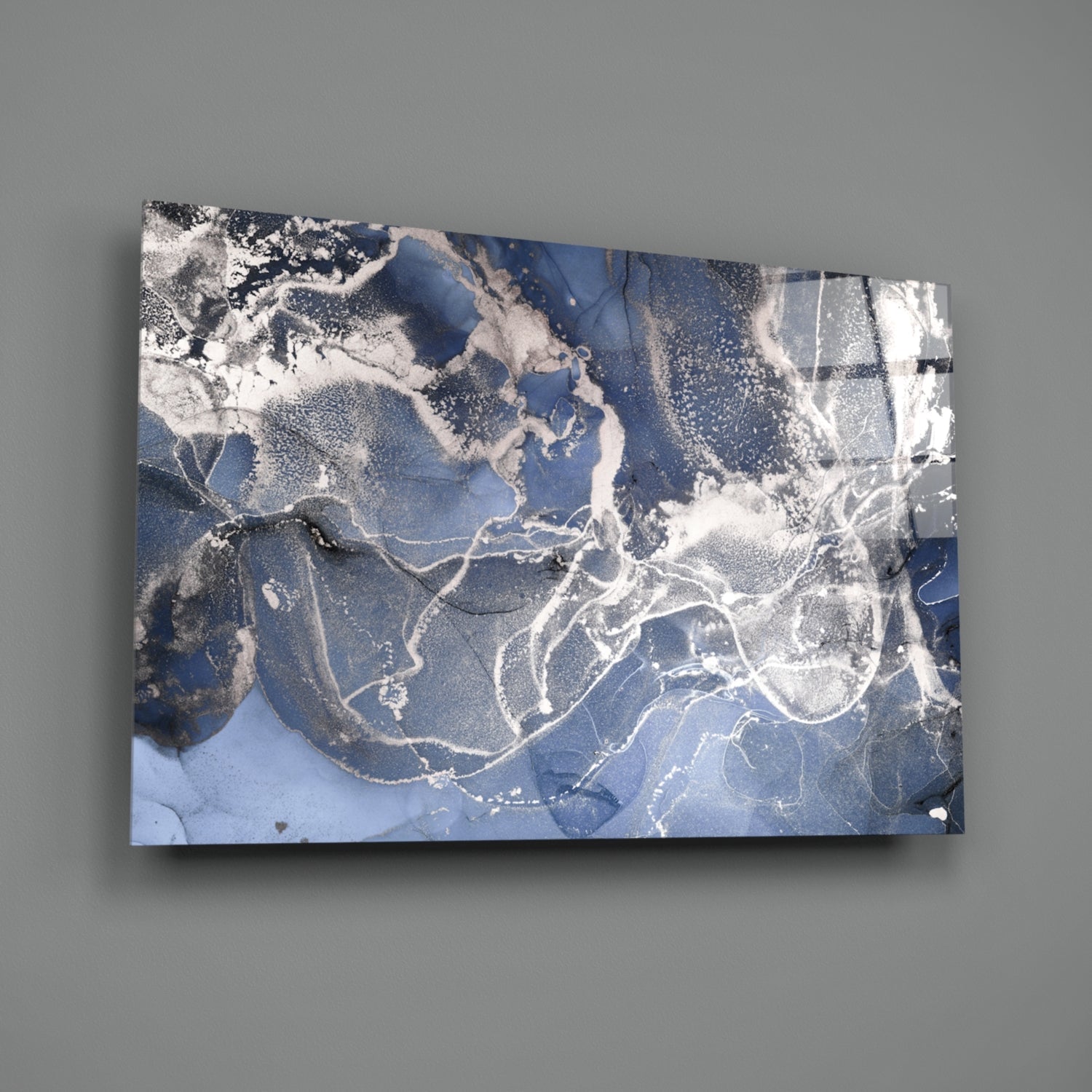 Blue Silver Ink Marble Glass Wall Art