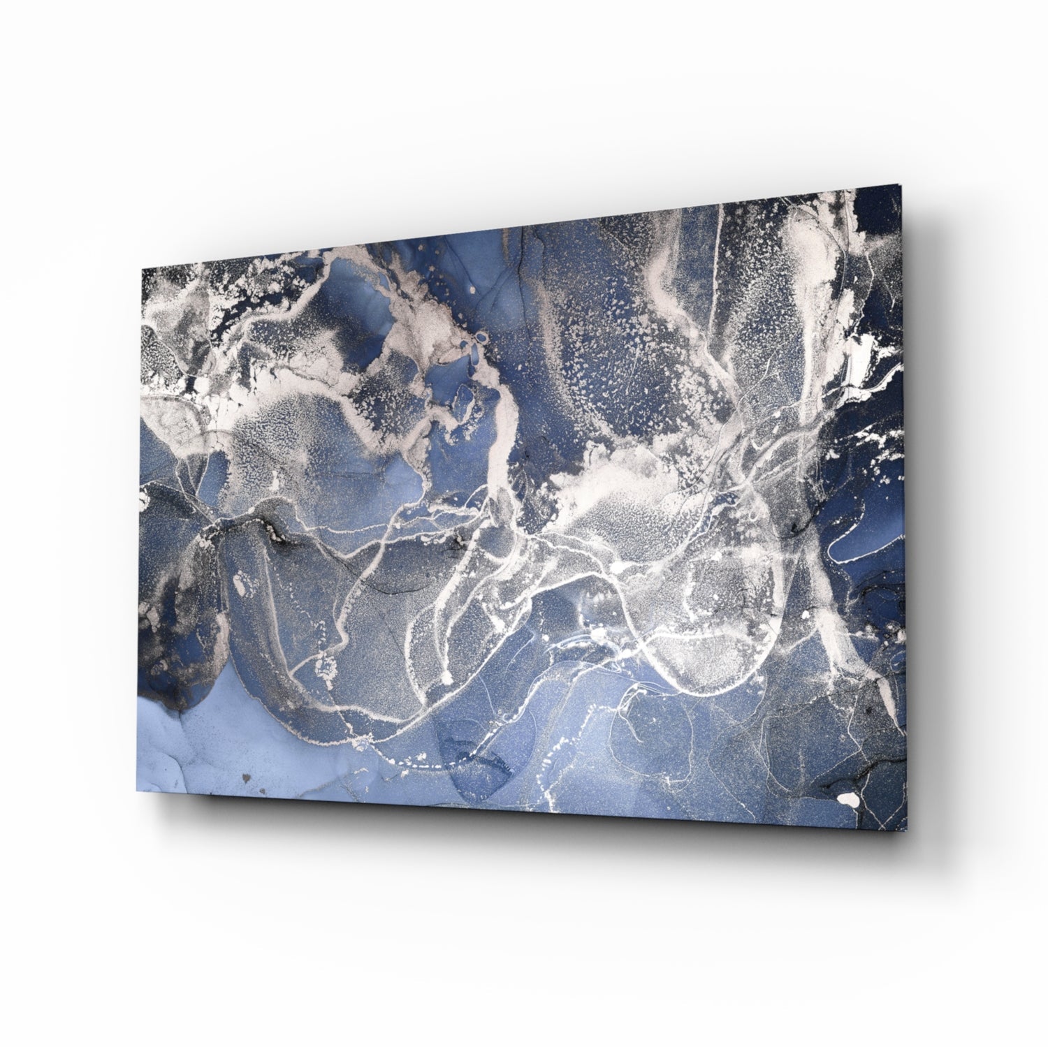 Blue Silver Ink Marble Glass Wall Art