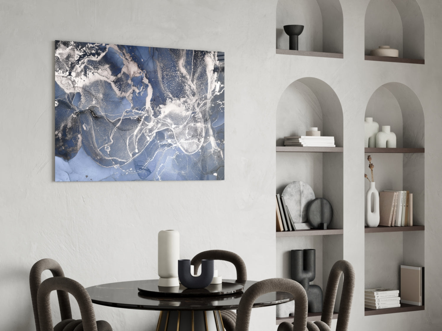 Blue Silver Ink Marble Glass Wall Art