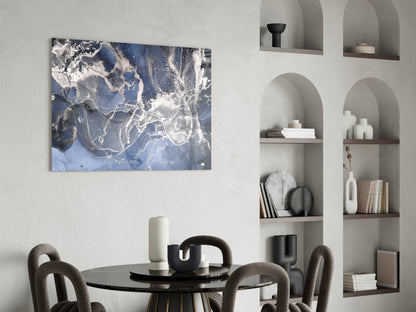 Blue Silver Ink Marble Glass Wall Art