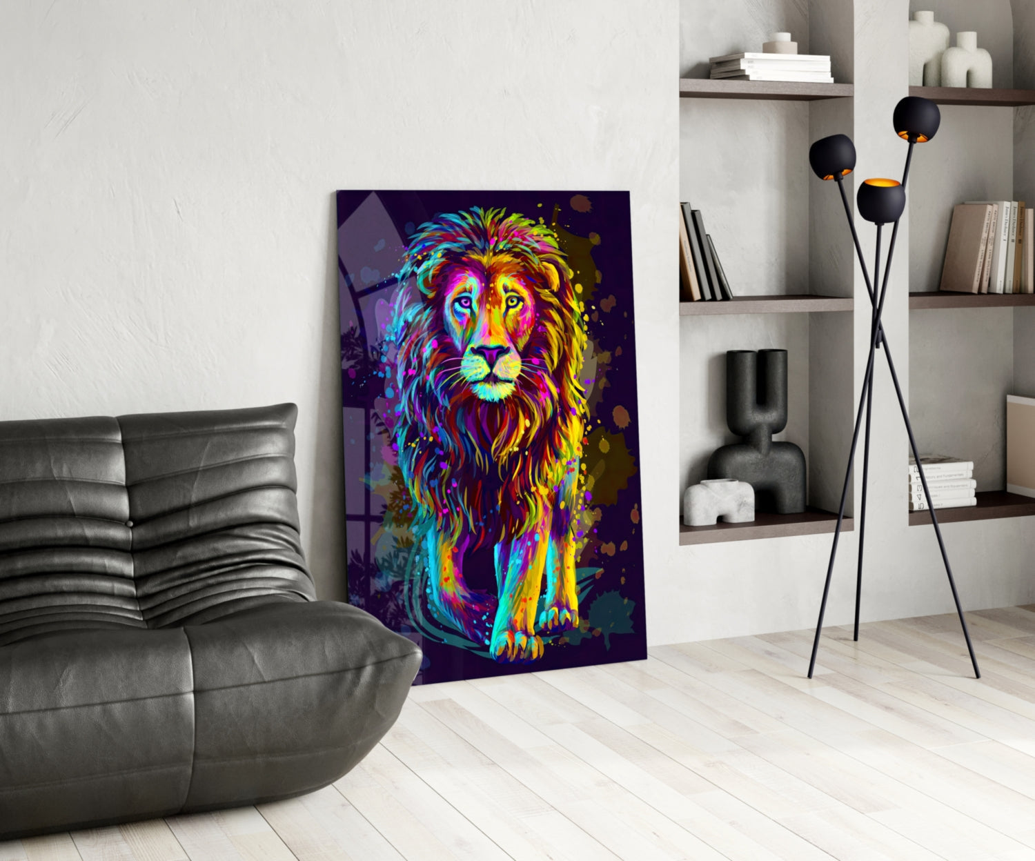 Neon Rainbow Standing Lion Glass Wall Art