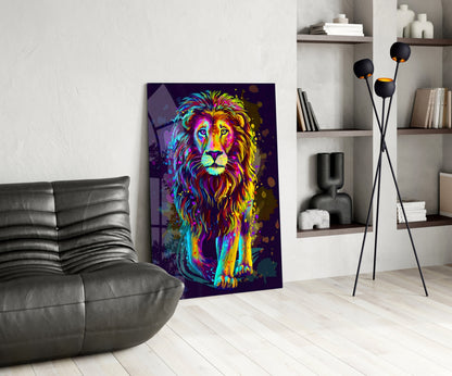 Neon Rainbow Standing Lion Glass Wall Art