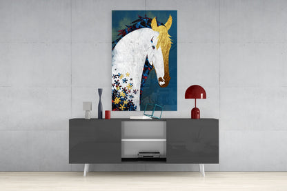 Gold Mane Horse Blue Blooms Glass Wall Art