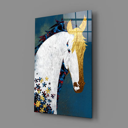Gold Mane Horse Blue Blooms Glass Wall Art