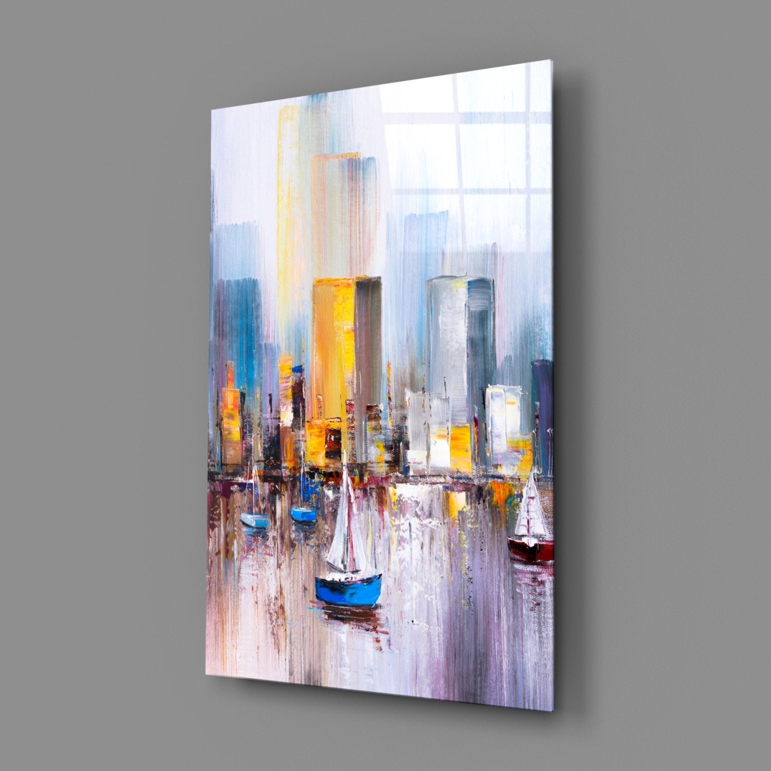 Colorful Harbor Sailboat City Glass Wall Art