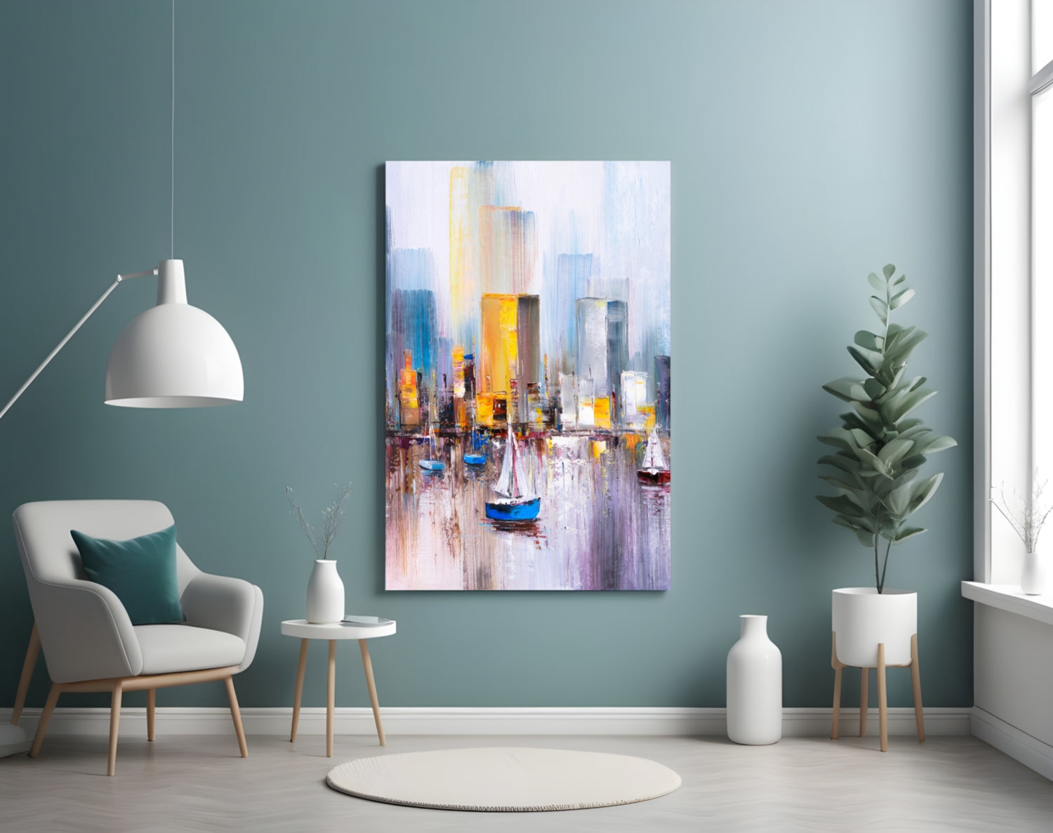 Colorful Harbor Sailboat City Glass Wall Art