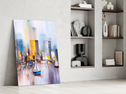 Colorful Harbor Sailboat City Glass Wall Art