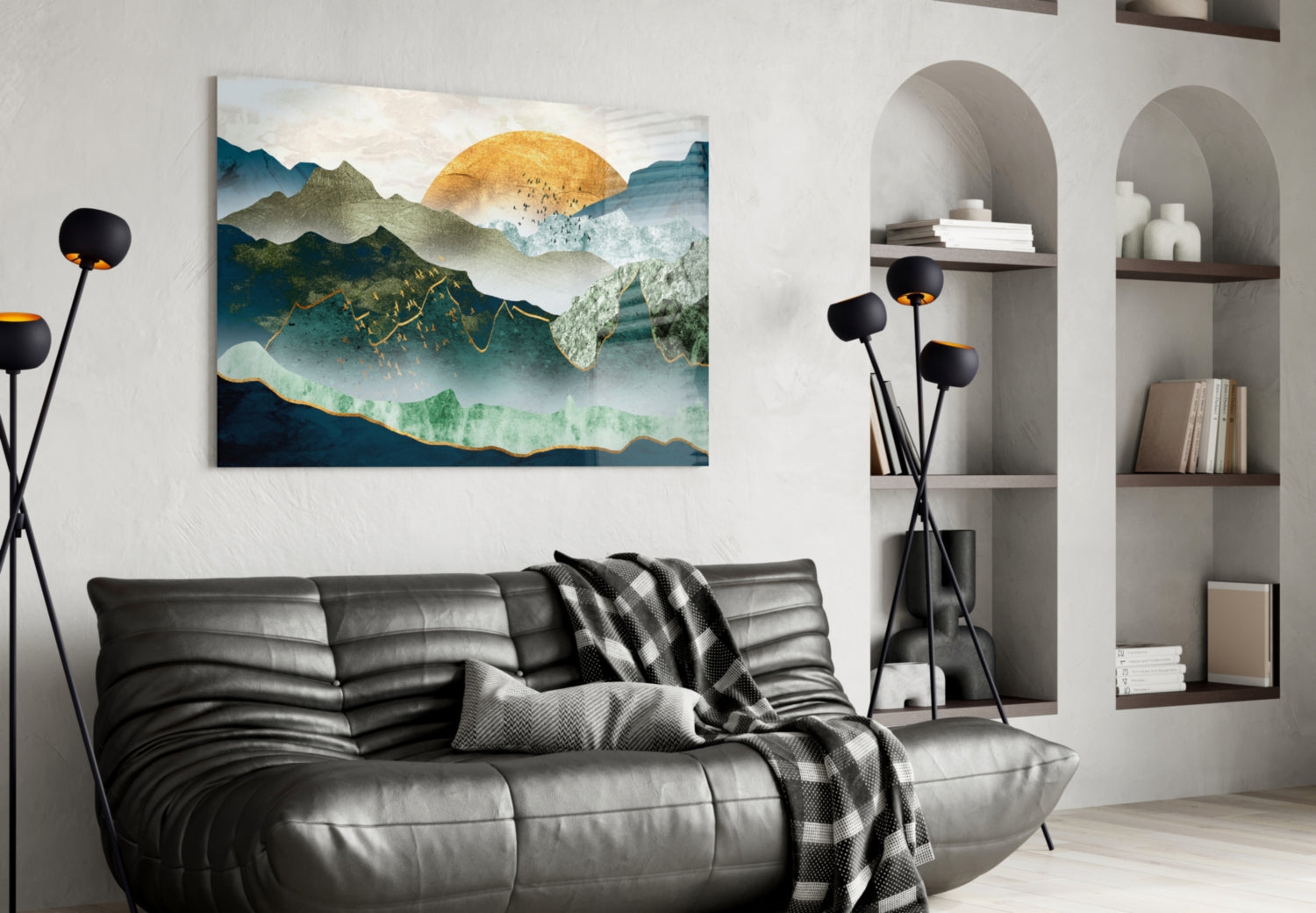 Gold Sun Over Layered Green Mountains Glass Wall Art