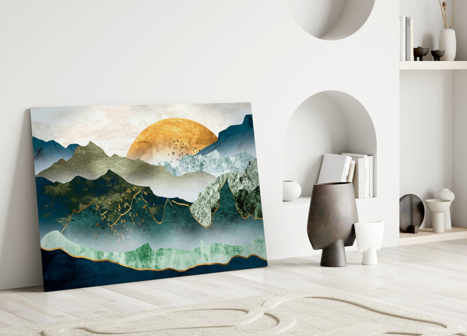 Gold Sun Over Layered Green Mountains Glass Wall Art