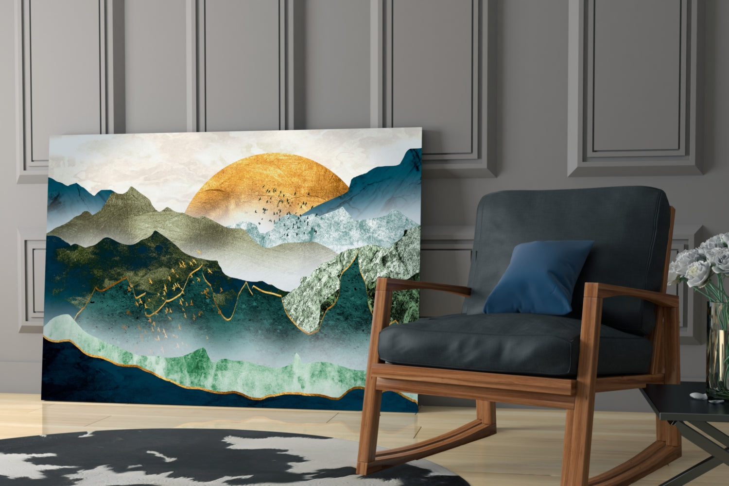Gold Sun Over Layered Green Mountains Glass Wall Art