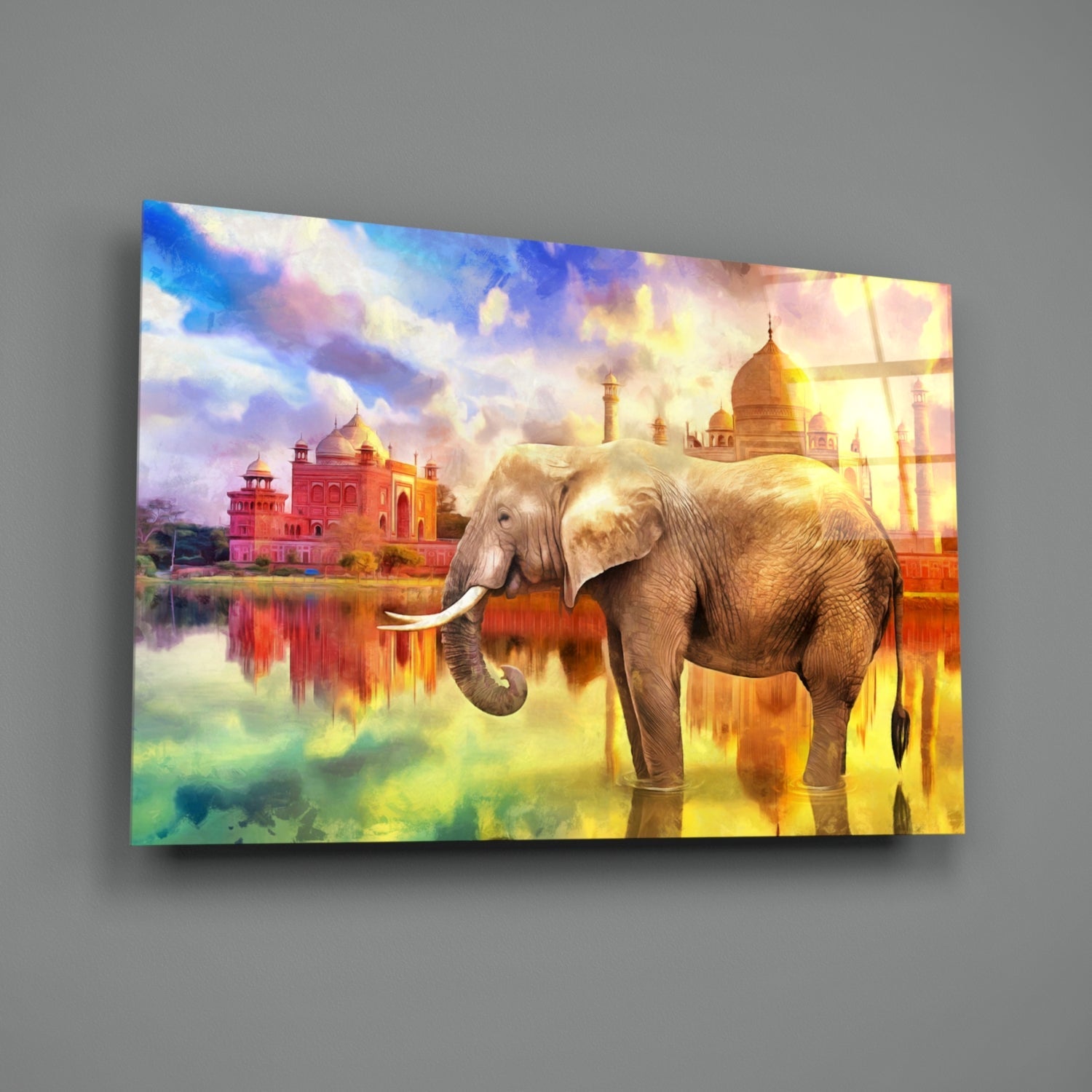Taj Mahal Sunset Elephant Glass Wall Art