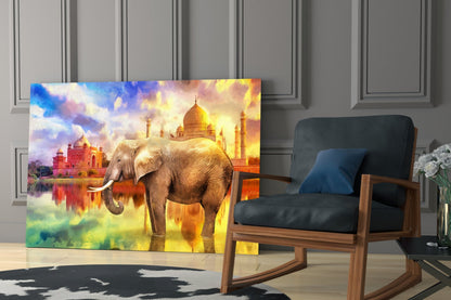 Taj Mahal Sunset Elephant Glass Wall Art
