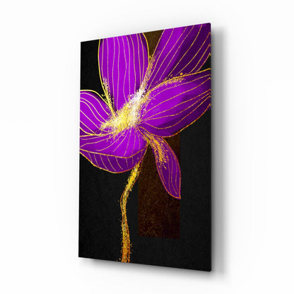Neon Purple Flower With Gold Splash Glass Wall Art