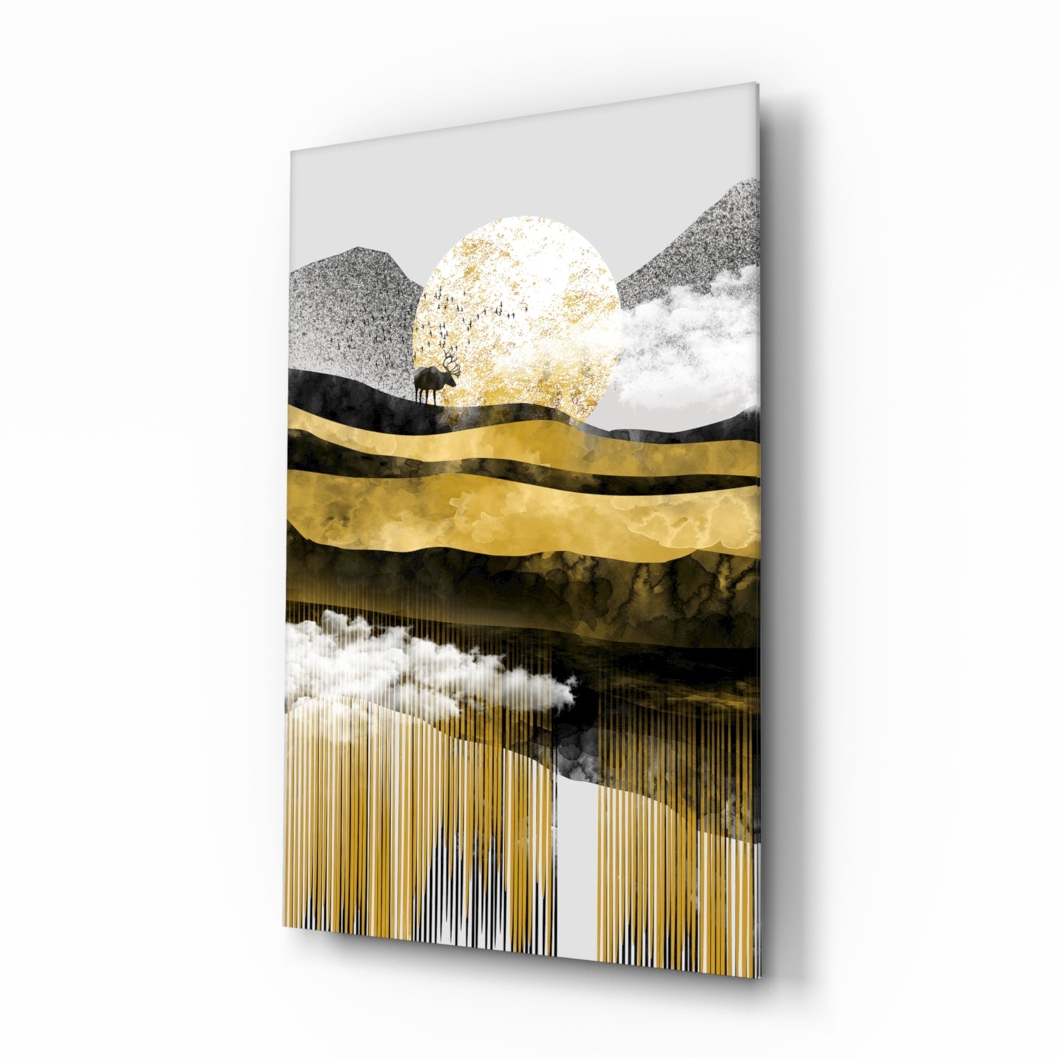 Golden Moon Mountain Landscape Glass Wall Art
