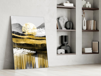 Golden Moon Mountain Landscape Glass Wall Art