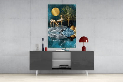 Golden Deer Teal Lake Moon Glass Wall Art